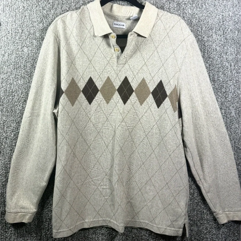 Haggar Argyle Polo Sweater Long Sleeve Beige Brown Golf Pullover - Mens‎ XL